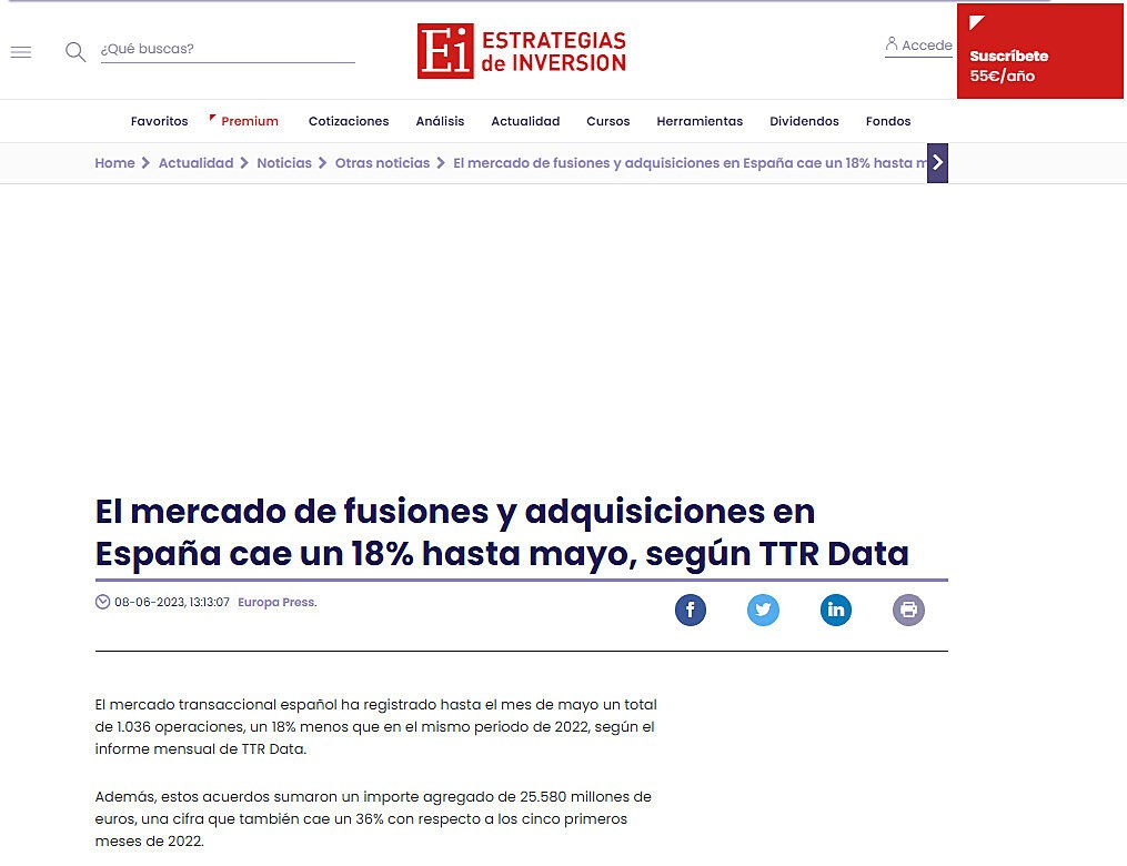 El mercado de fusiones y adquisiciones en Espaa cae un 18% hasta mayo, segn TTR Data